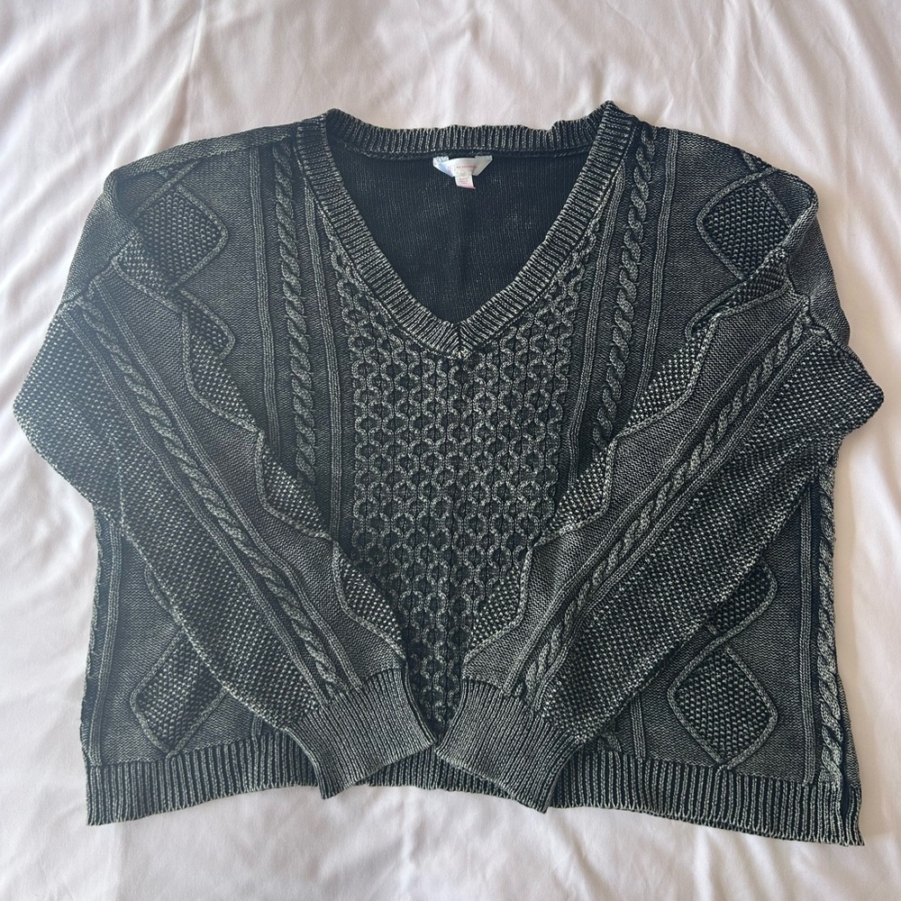 No Boundaries Washed Black V-Neck Cable Knit Sweater